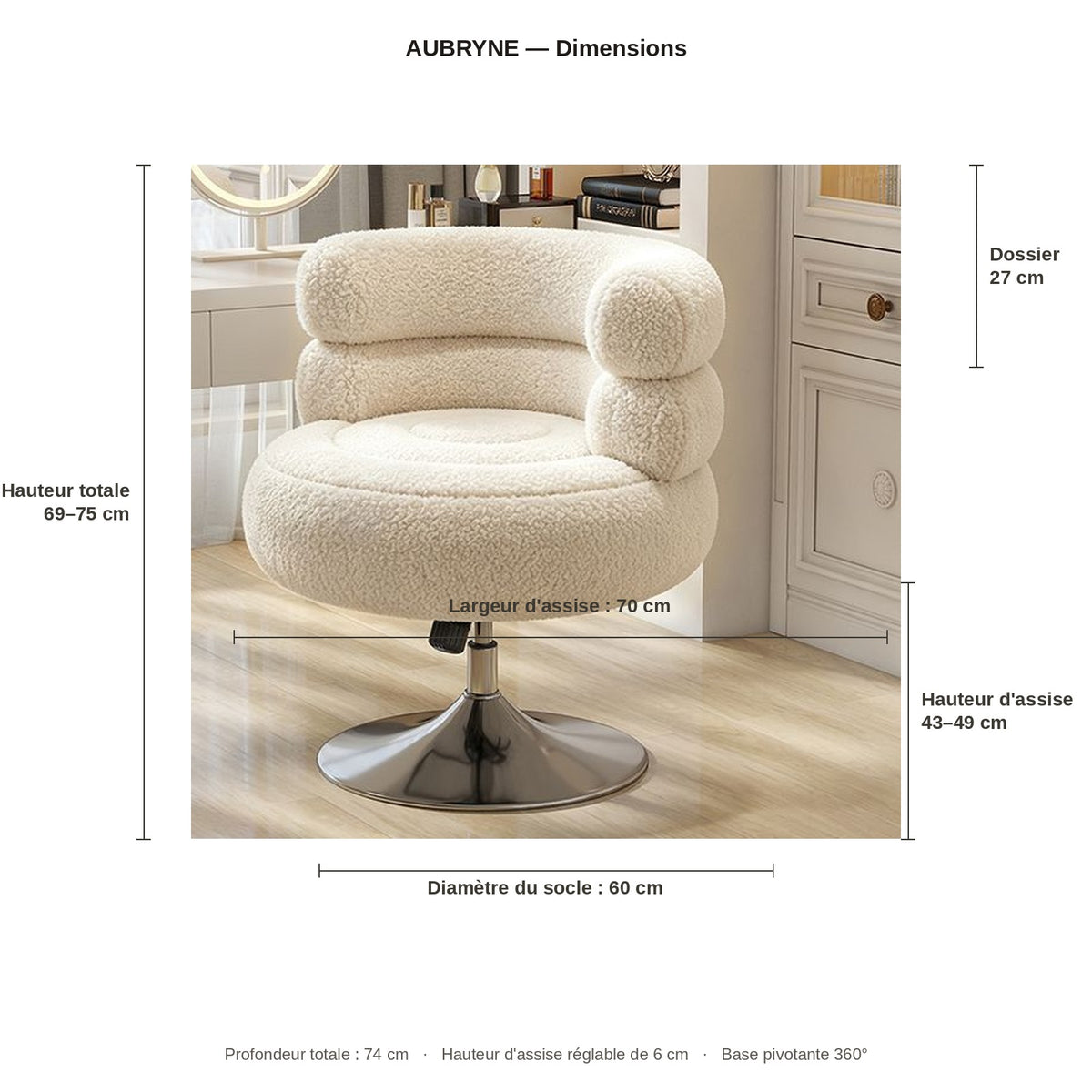 Fauteuil de coiffeuse AUBRYNE, dimensions