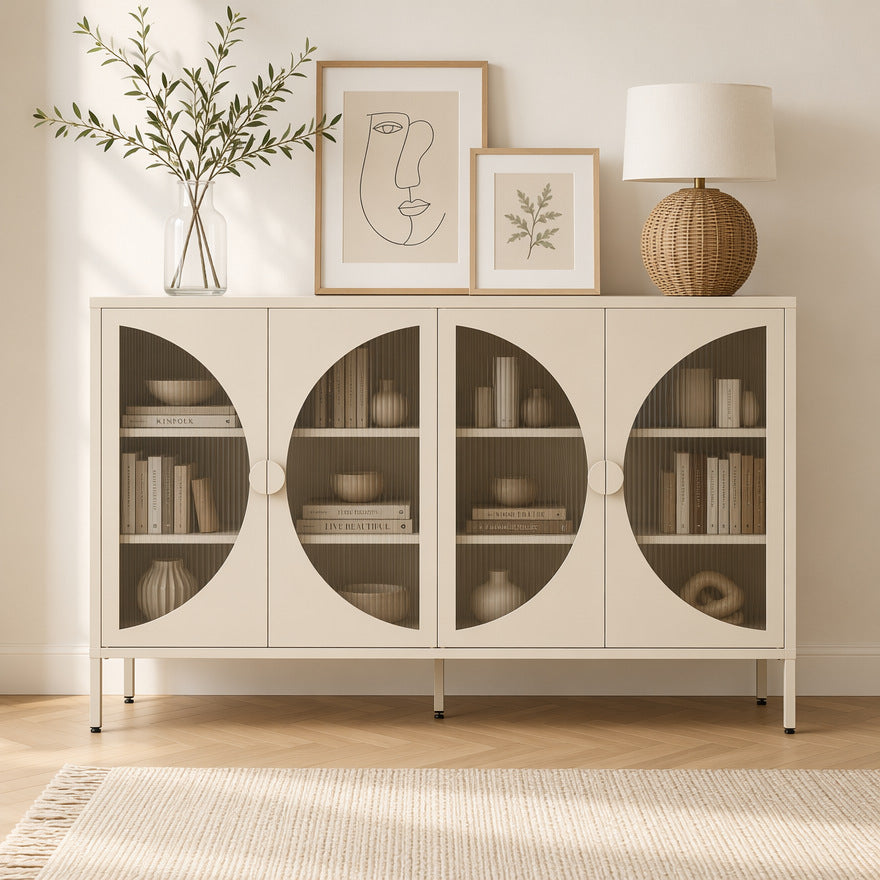 Commode buffet AUBRYNE en métal crème, portes vitrées demi-lune en verre cannelé, dans un salon
