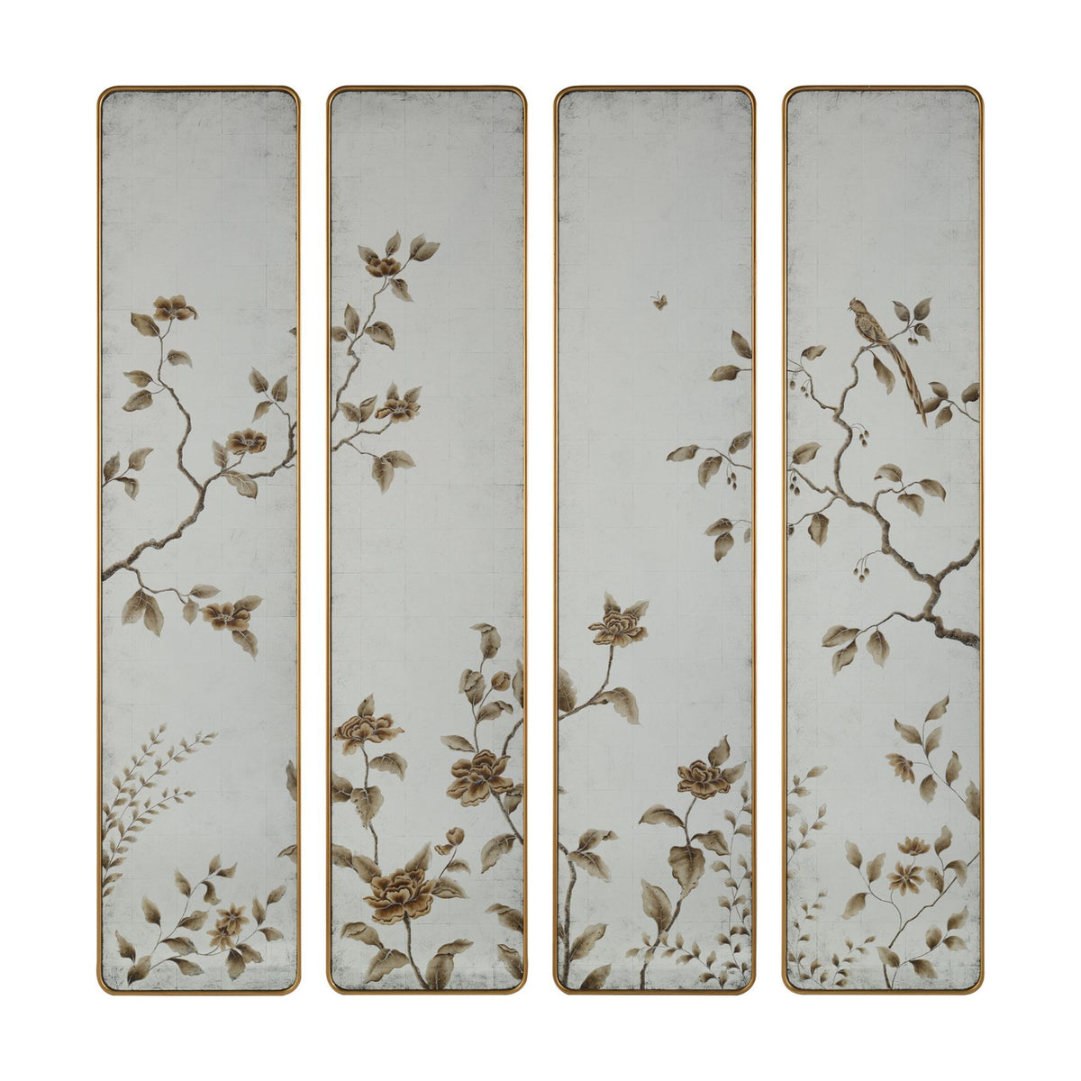 Miroir chinoiserie AUBRYNE, 4 panneaux en verre vieilli et cadre doré, sur fond blanc