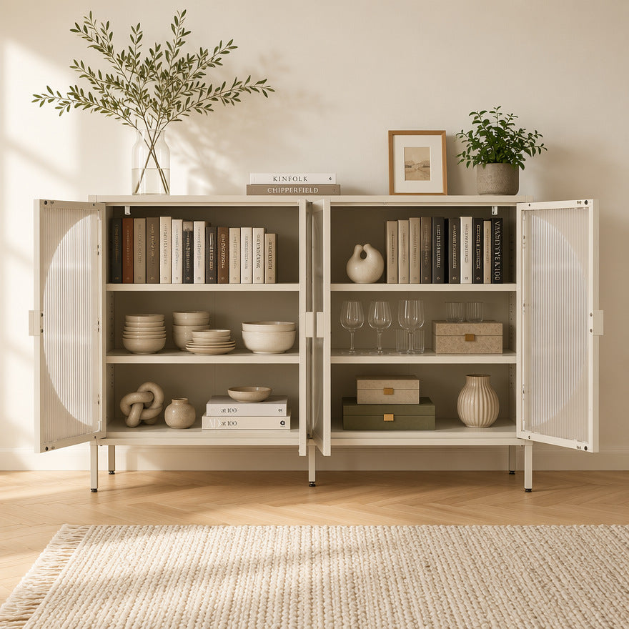 Commode buffet crème portes ouvertes, rangement sur trois niveaux