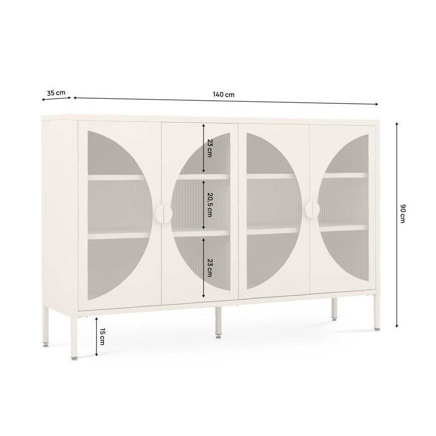 Dimensions de la commode buffet crème : L 140 × P 35 × H 90 cm