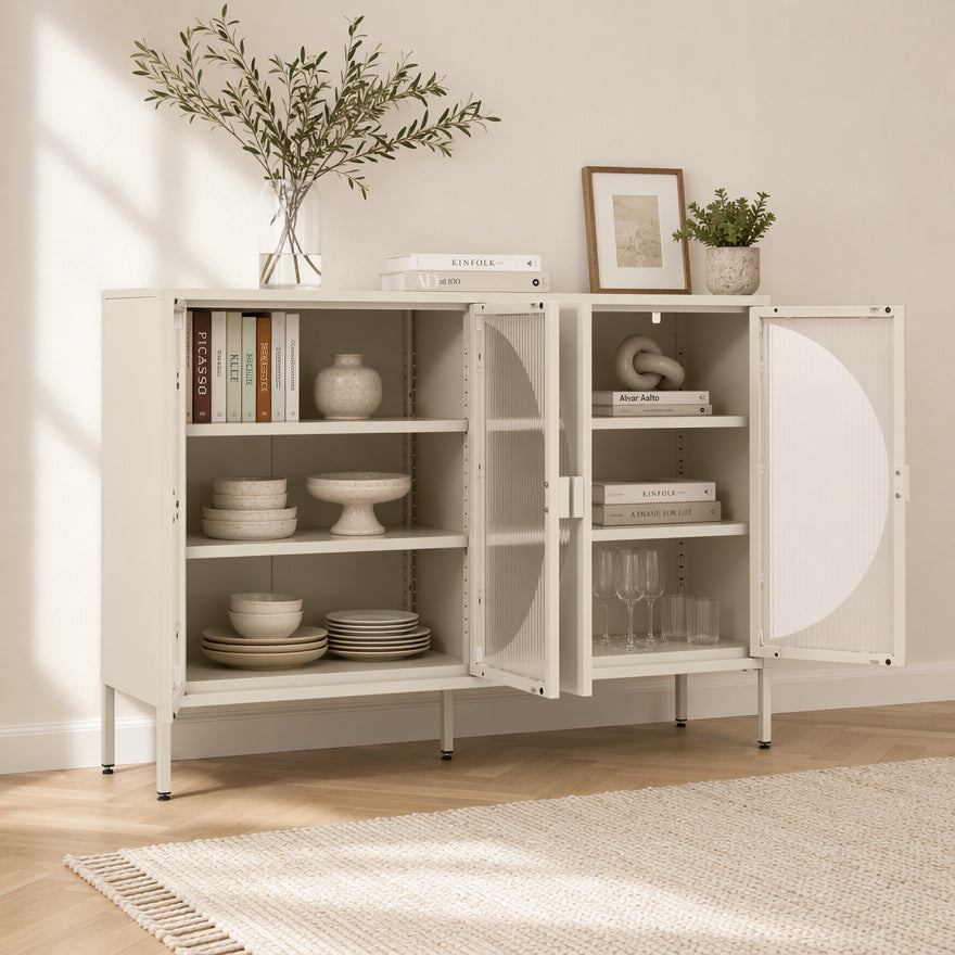 Commode buffet crème ouverte, étagères avec vaisselle et livres