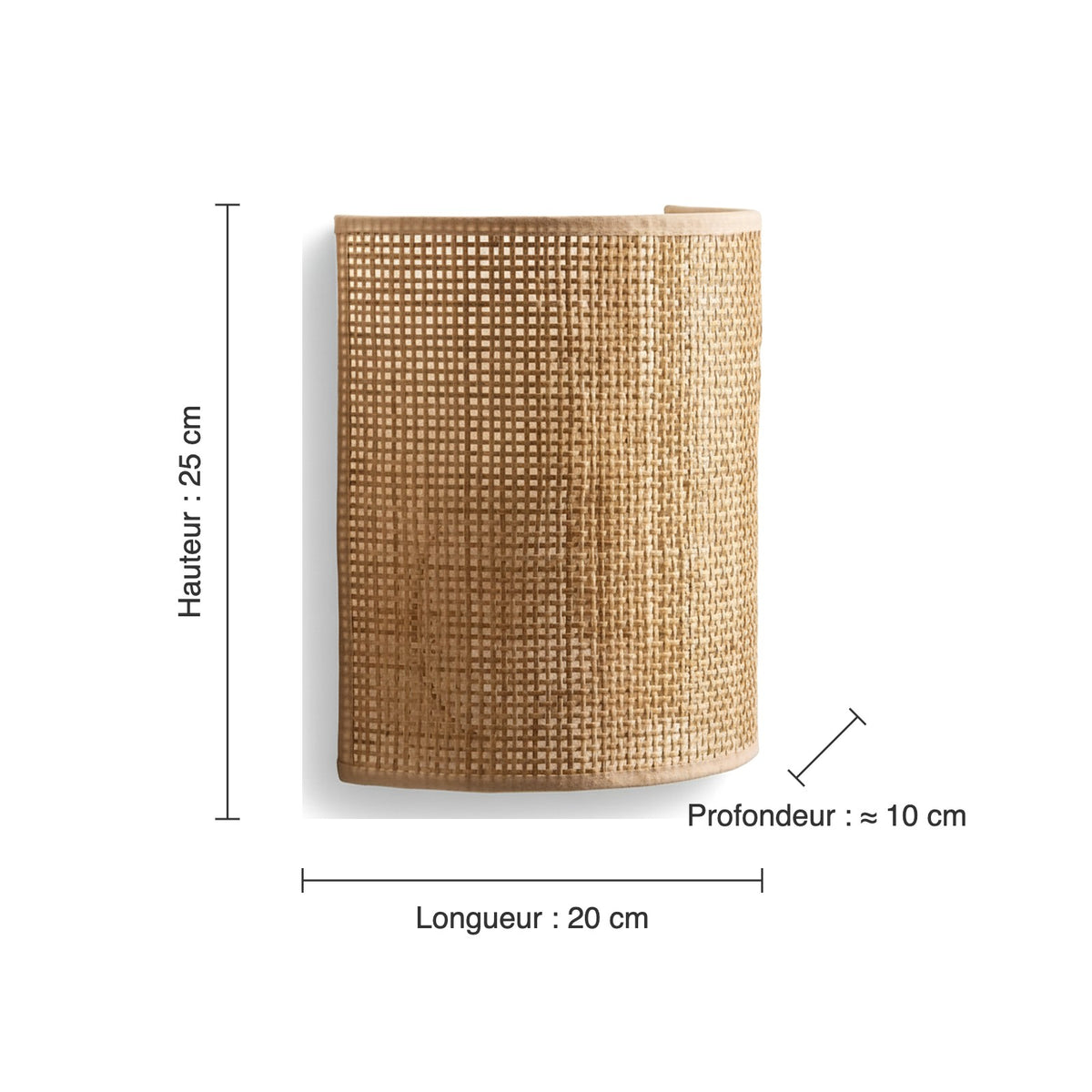 Dimensions de l'applique en cannage : hauteur 25 cm, largeur 20 cm