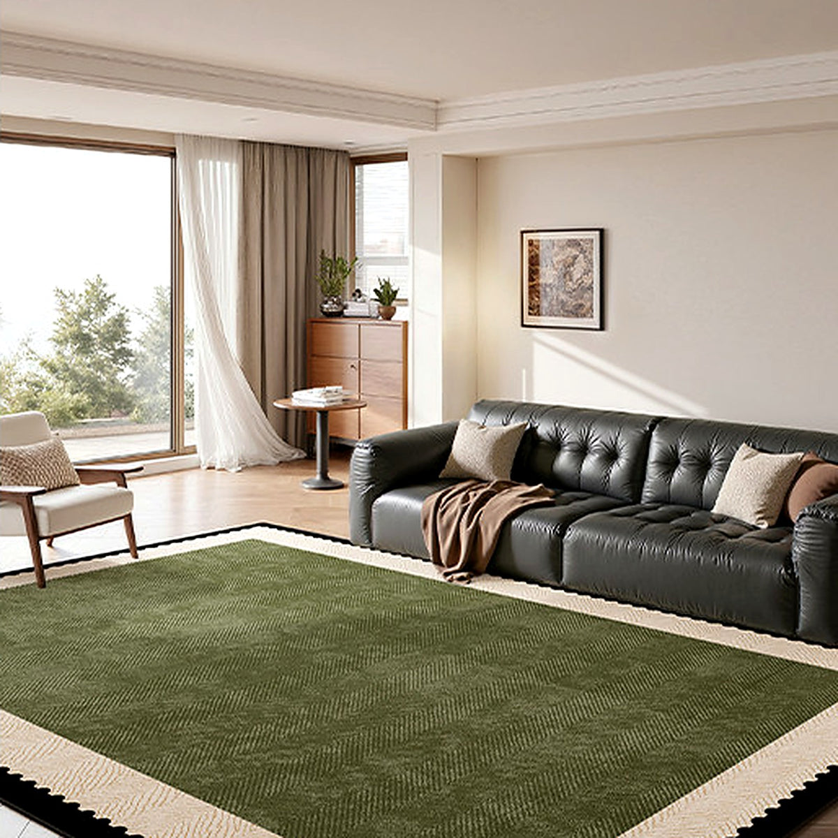 Tapis bouclé AUBRYNE vert olive à double bordure festonnée dans un salon