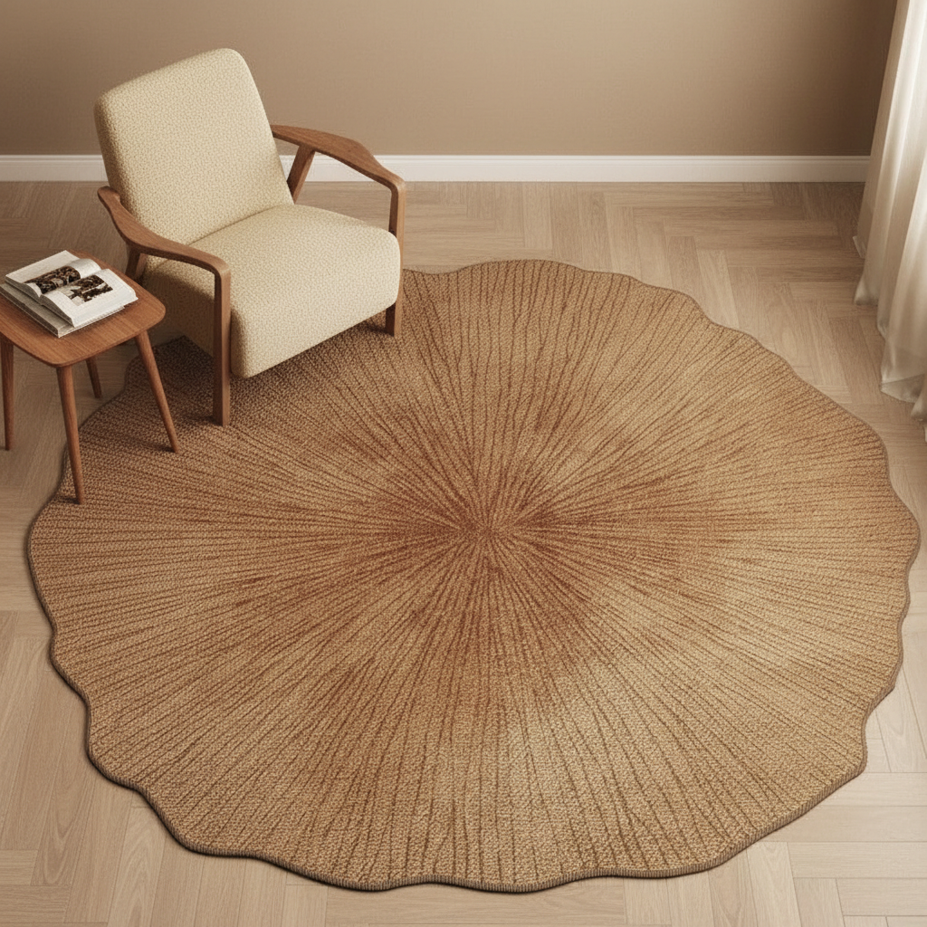 Tapis rond feuille de ginkgo AUBRYNE caramel, mise en scène avec fauteuil