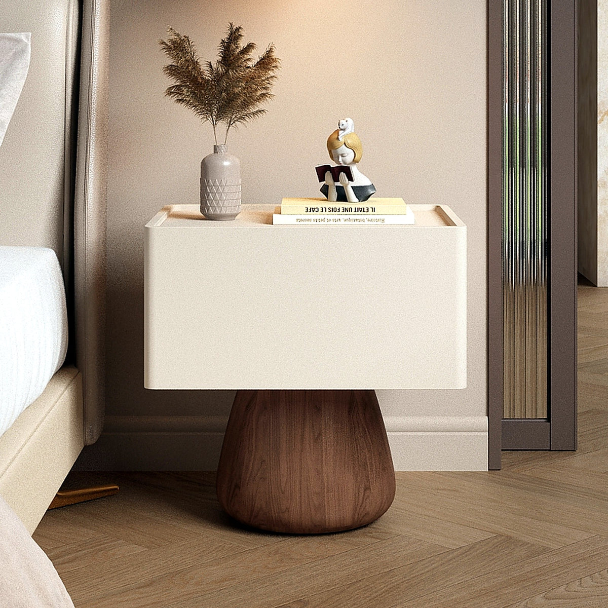 Table de chevet champignon crème et noyer