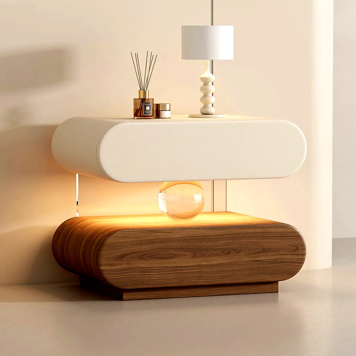 Table de chevet sphère lumineuse AUBRYNE, coloris crème et noyer