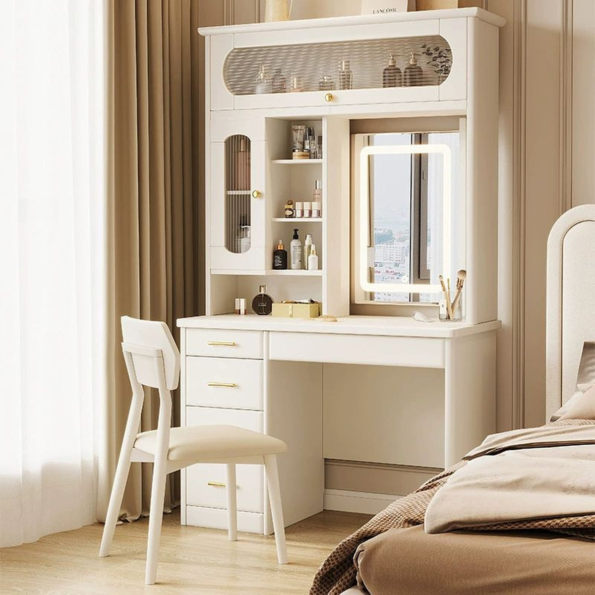 Coiffeuse-bureau crème avec bibliothèque et miroir LED escamotable