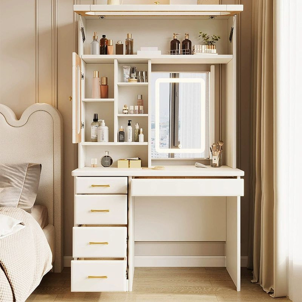 Coiffeuse-bureau crème, tiroirs et niche ouverts