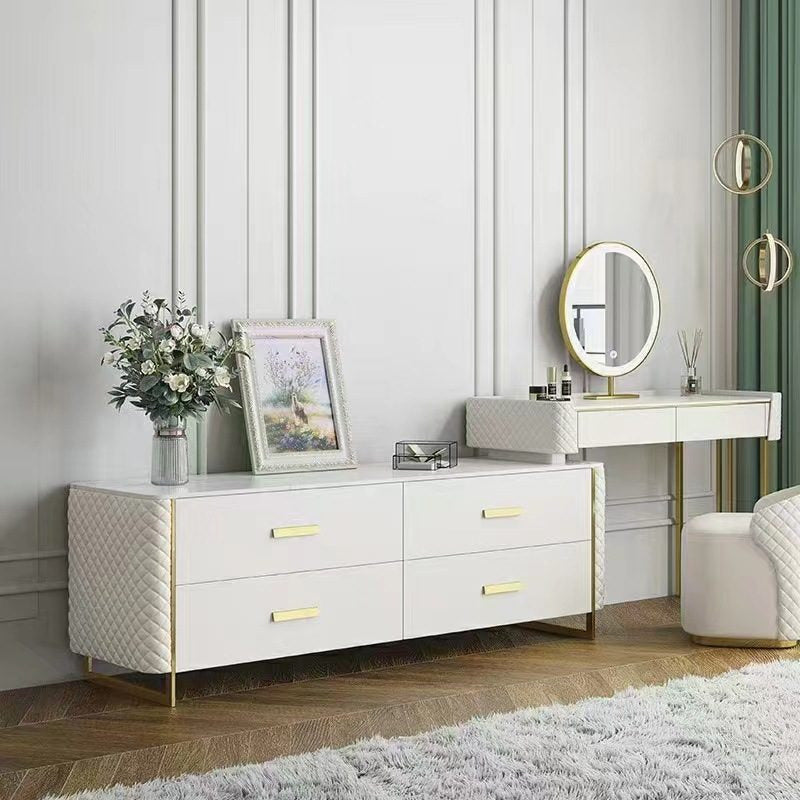 Coiffeuse blanche capitonnée avec commode, vue de face