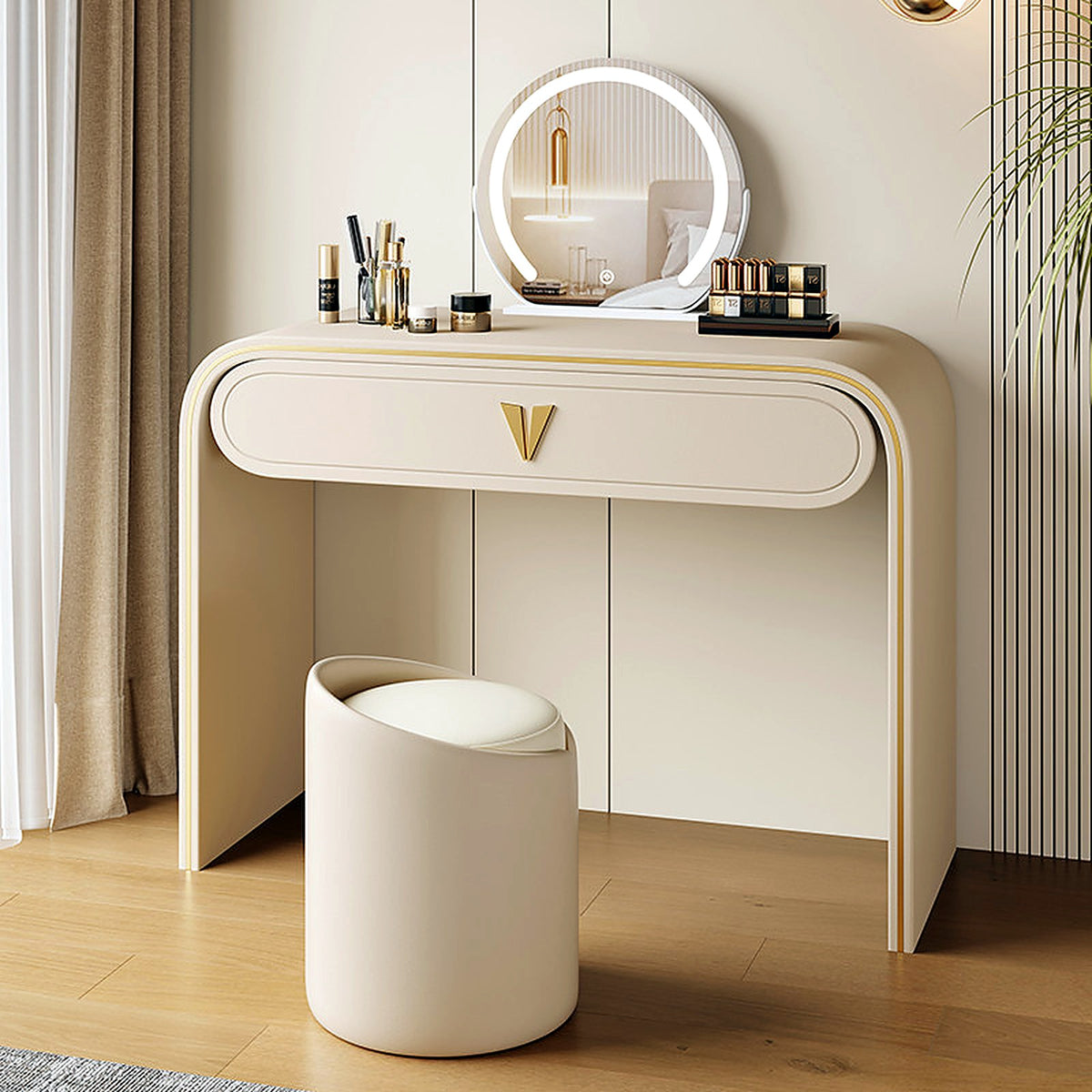 Coiffeuse italienne laquée crème avec miroir intelligent et tabouret - ambiance