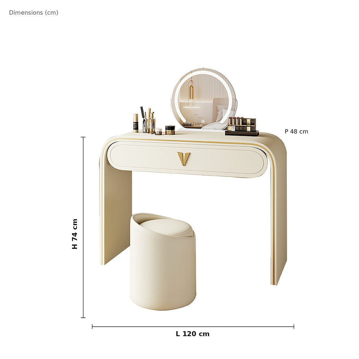 Dimensions de la coiffeuse italienne laquée crème