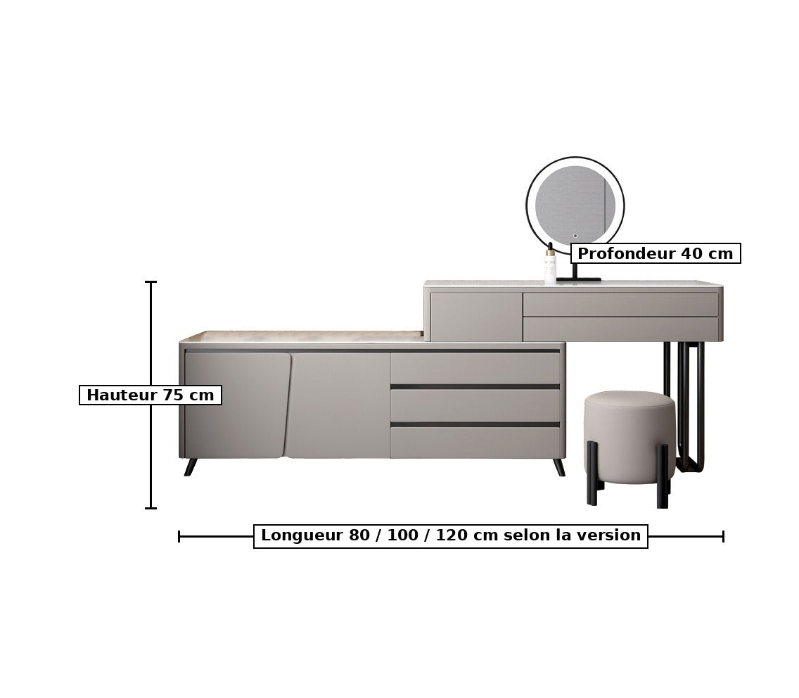 Coiffeuse grise - dimensions : longueur 80/100/120 cm, profondeur 40 cm, hauteur 75 cm