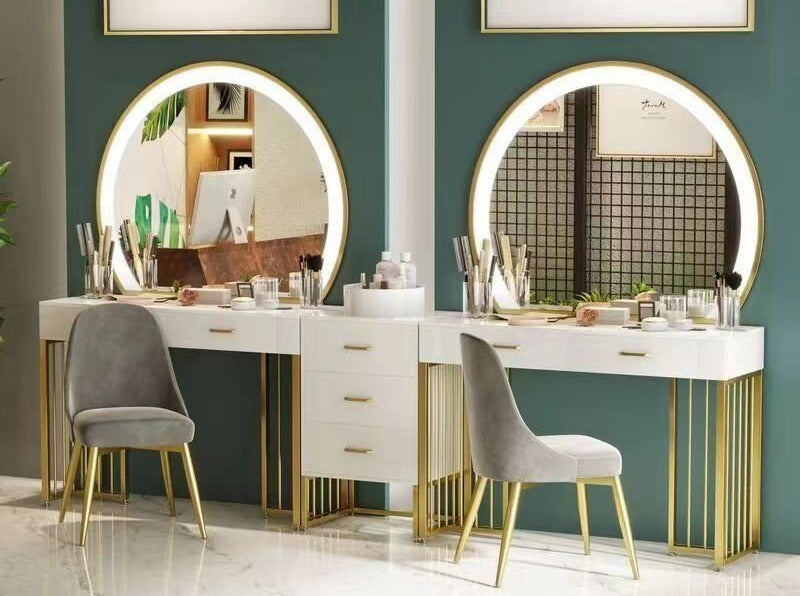 Coiffeuse blanche pieds dorés avec miroir LED rond et chaise