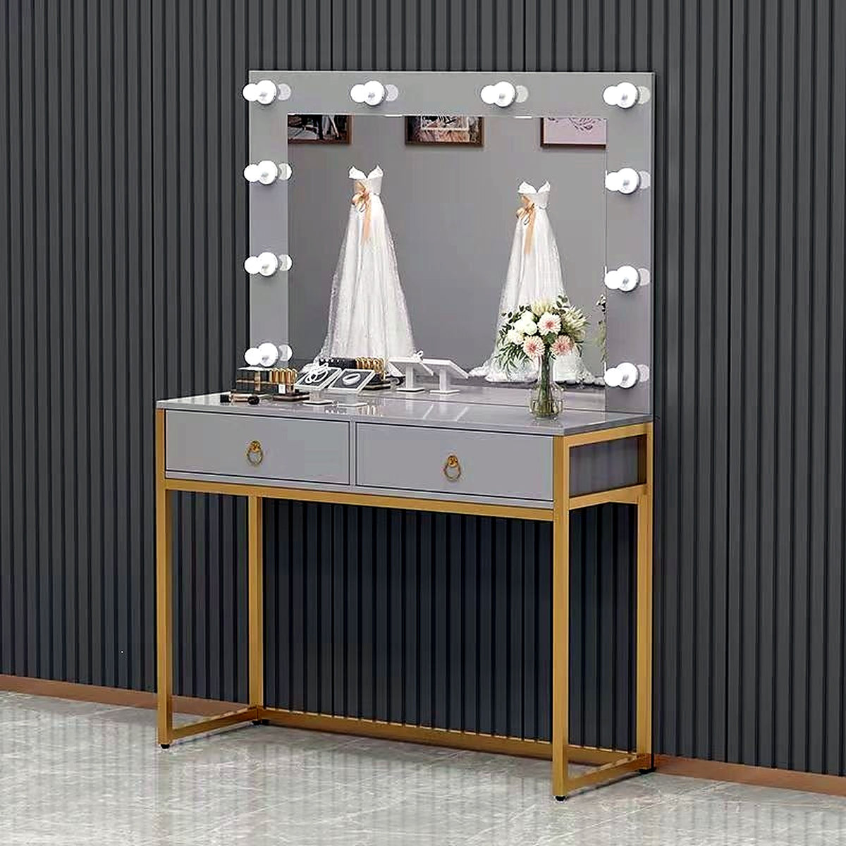 Coiffeuse Hollywood AUBRYNE gris et doré, détail miroir lumineux