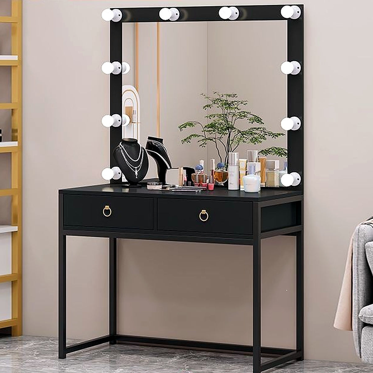 Coiffeuse Hollywood AUBRYNE noir et noir, miroir lumineux LED