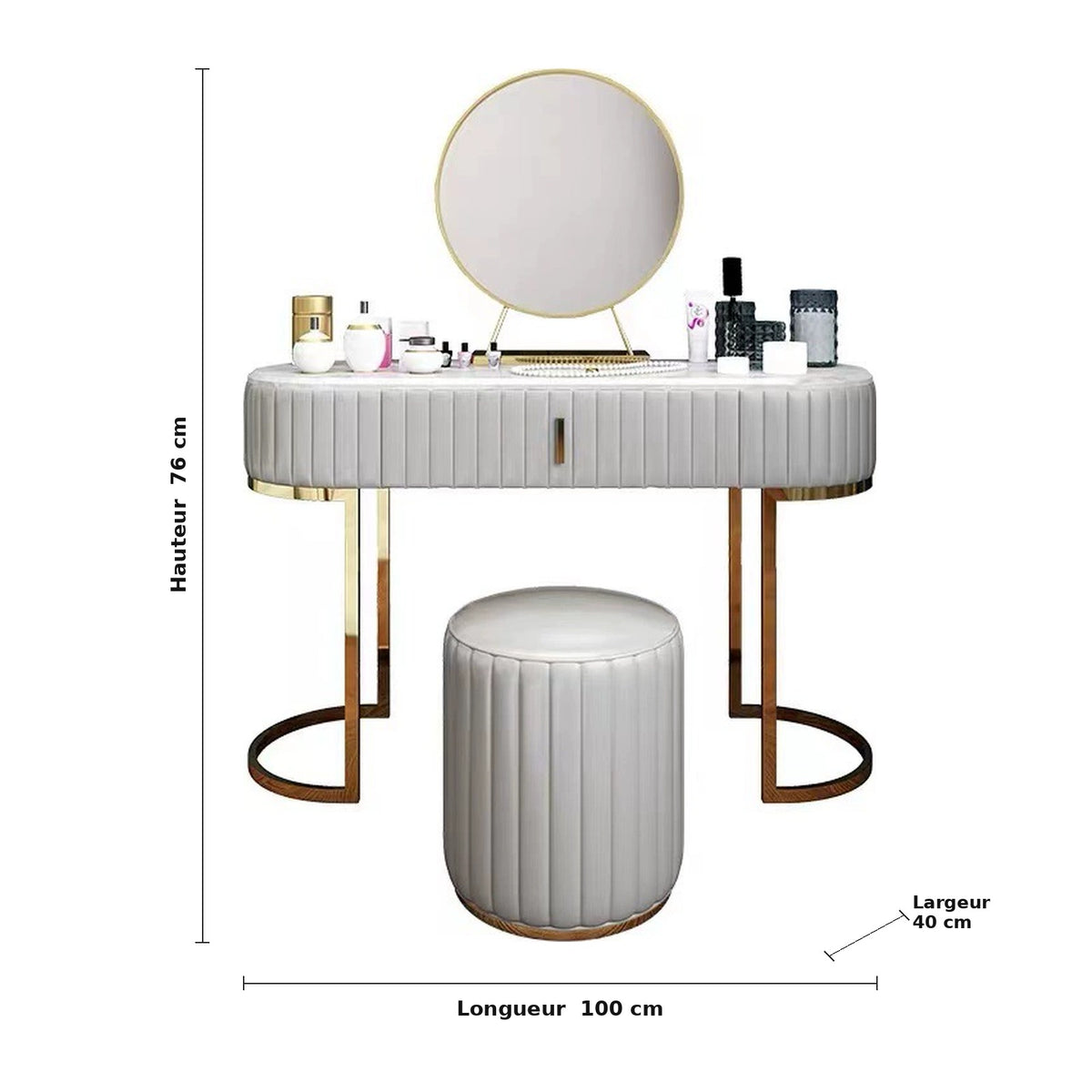 Coiffeuse cannelée AUBRYNE, dimensions hauteur, longueur et largeur, fond blanc