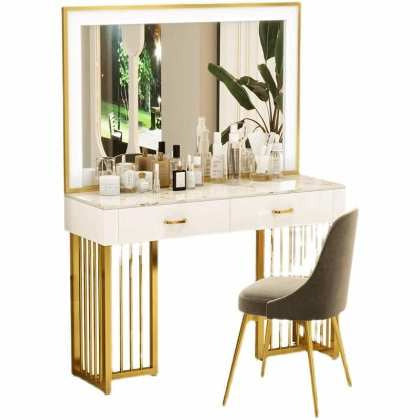Coiffeuse plateau marbre avec miroir LED et chaise, fond blanc