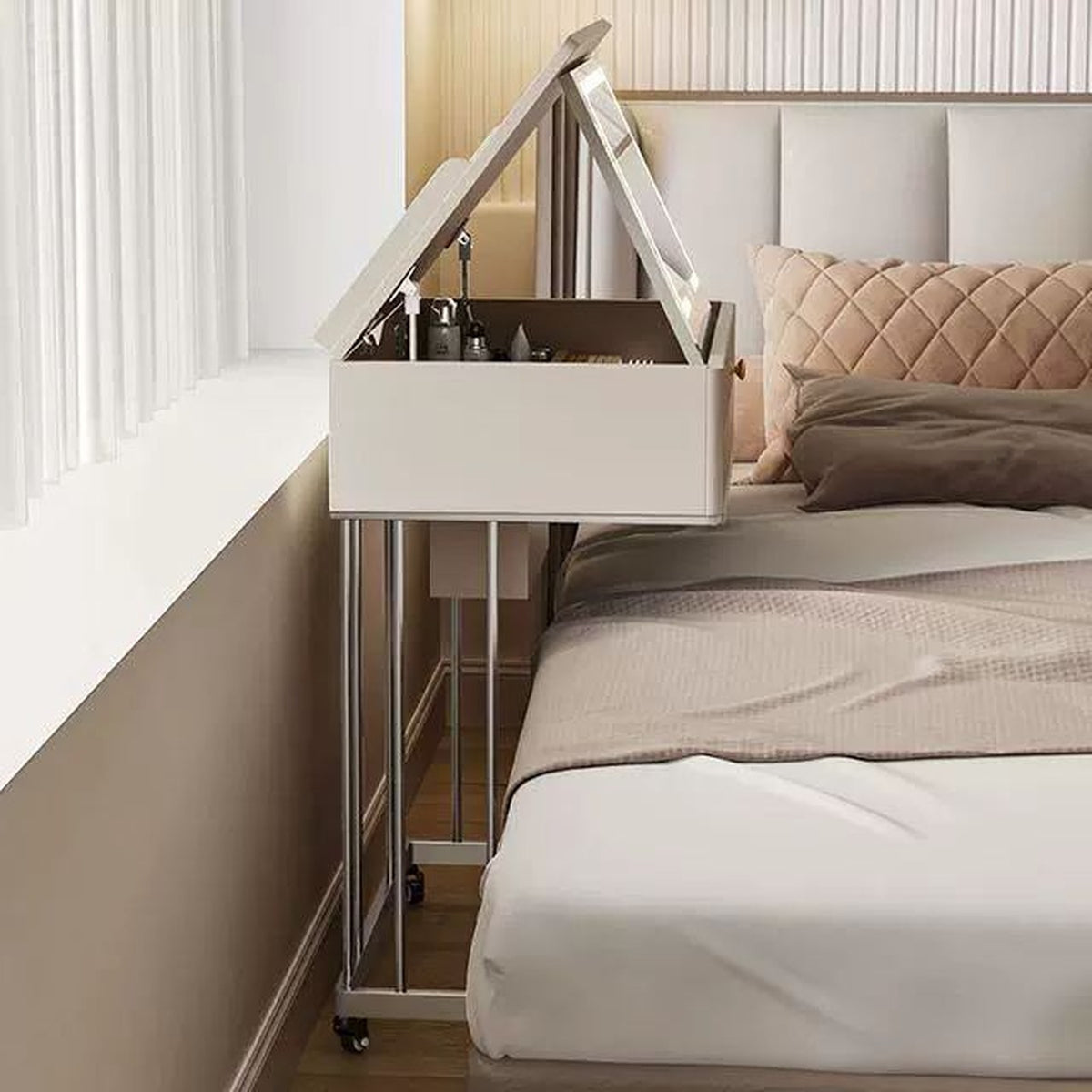 Petite coiffeuse mobile crème glissée contre le lit