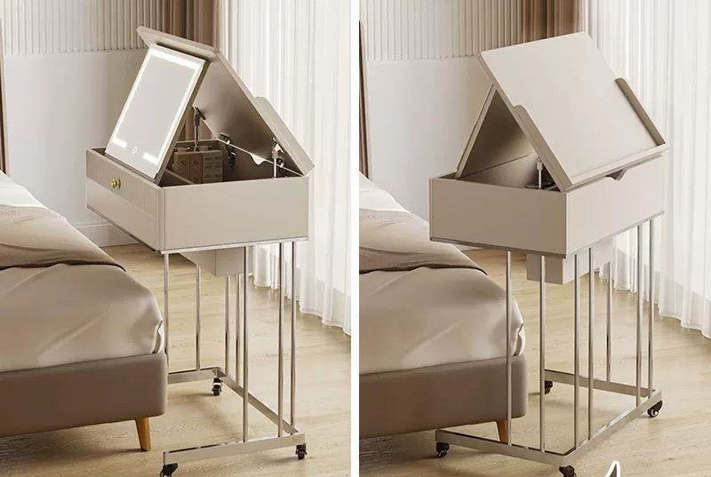 Petite coiffeuse mobile crème sur roulettes, plateau ouvert et fermé