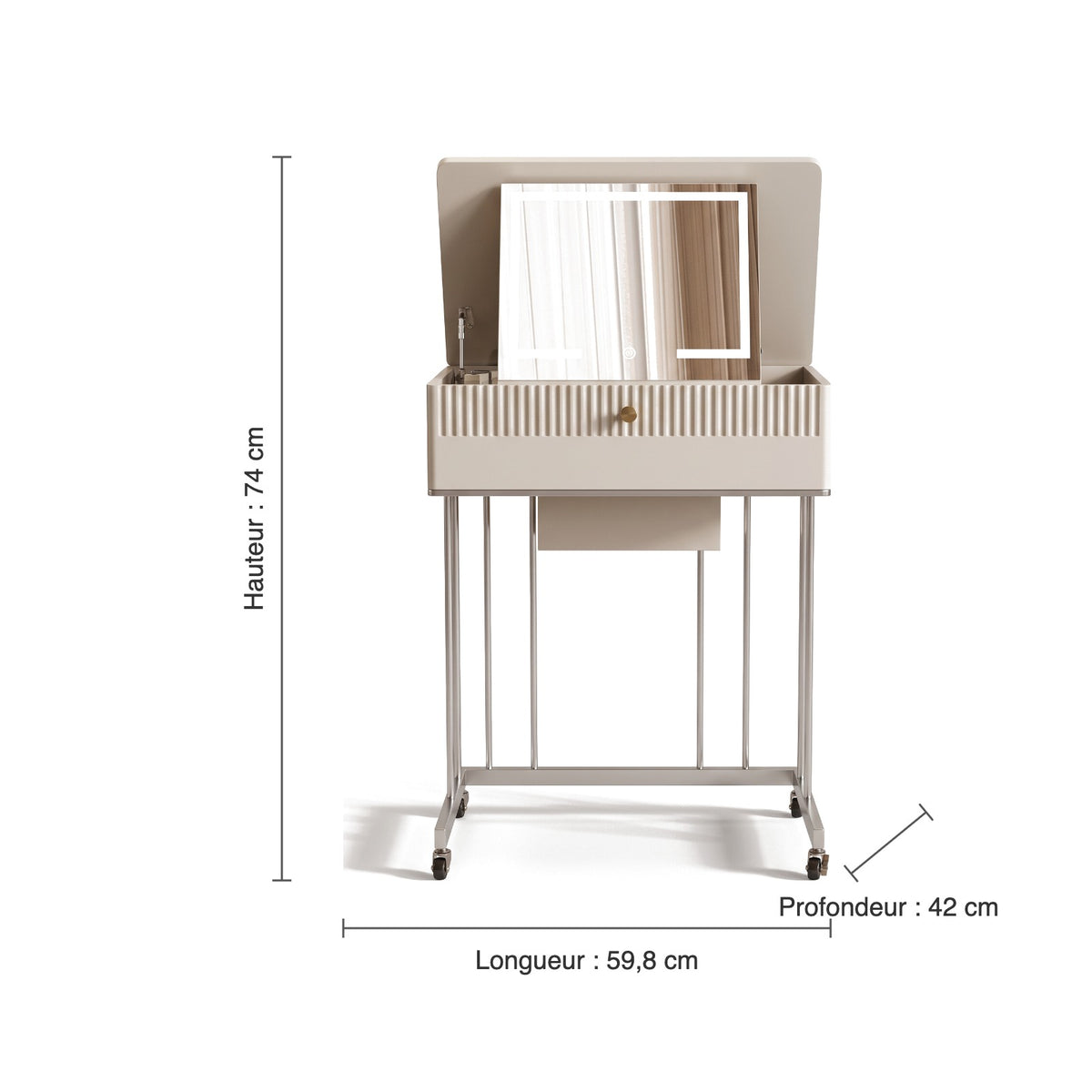 Dimensions de la petite coiffeuse mobile : hauteur 74 cm, longueur 59,8 cm, profondeur 42 cm