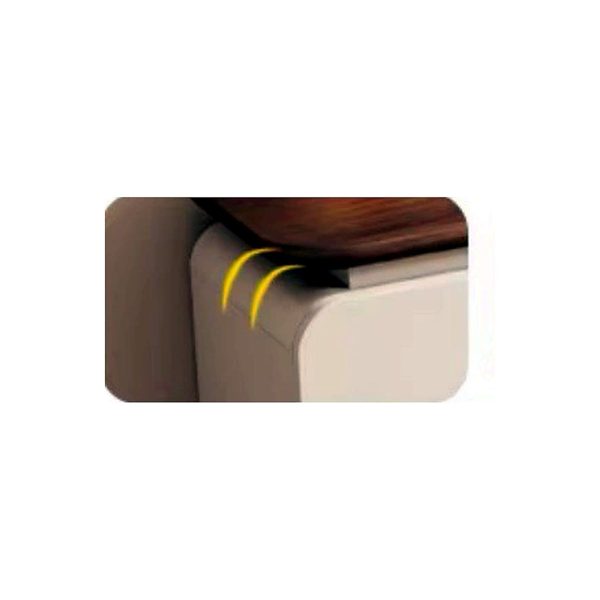Détail angle arrondi bicolore crème et noyer