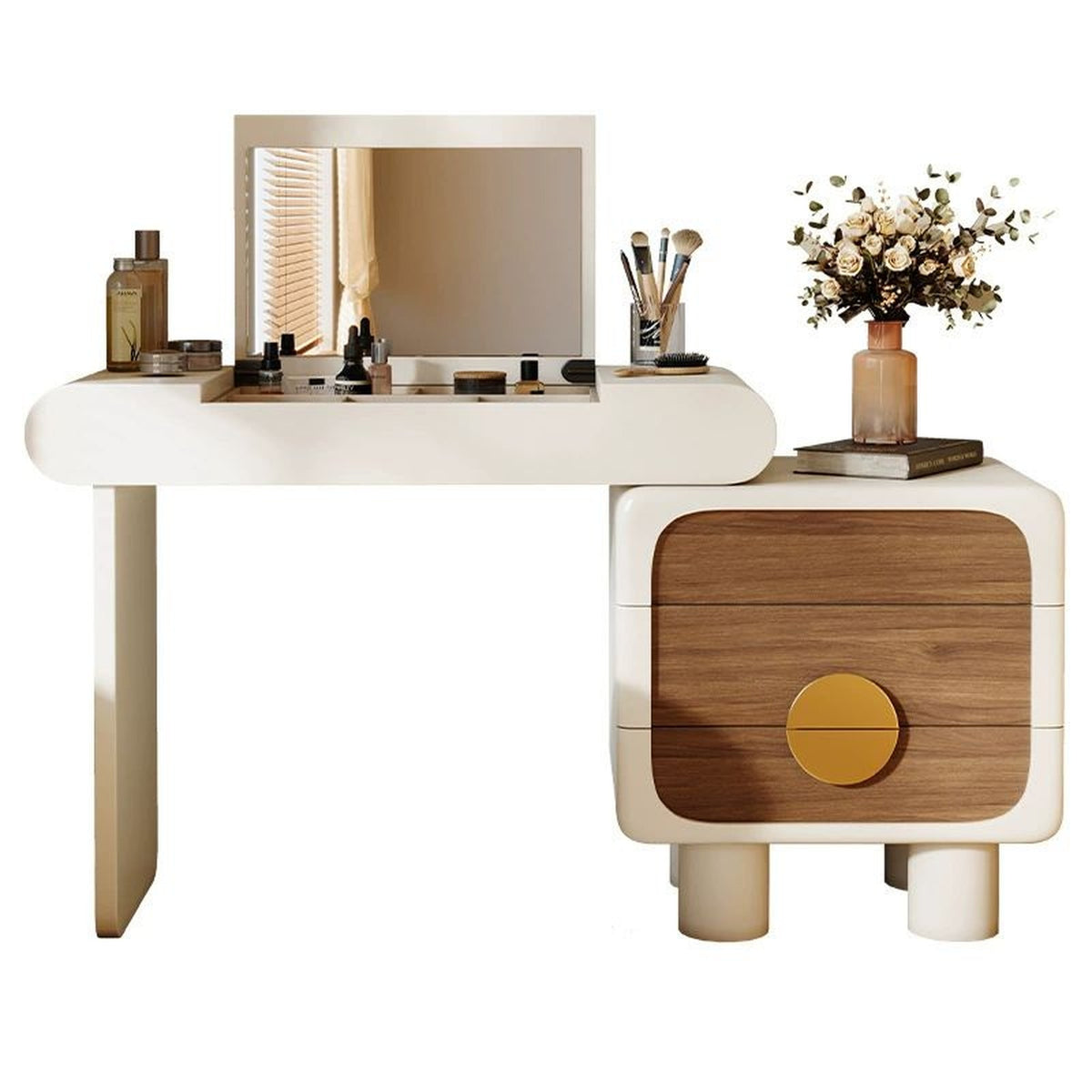 Coiffeuse crème à plateau relevable, fond blanc