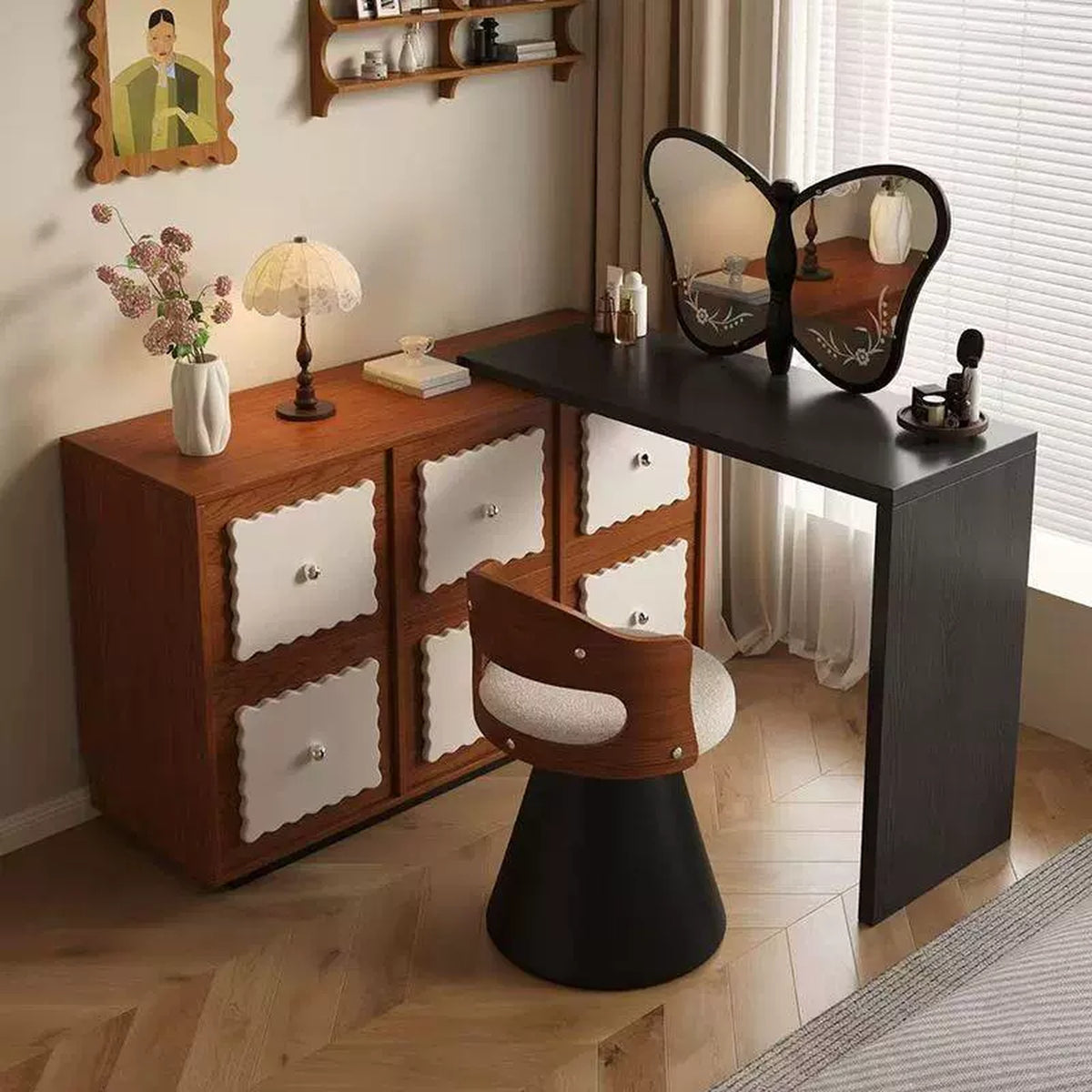 Coiffeuse rétro noyer, vue d'angle avec tabouret