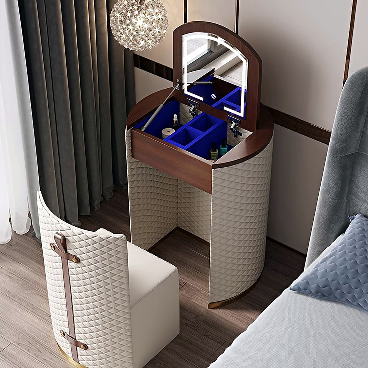Coiffeuse ronde crème et noyer AUBRYNE, ambiance chambre