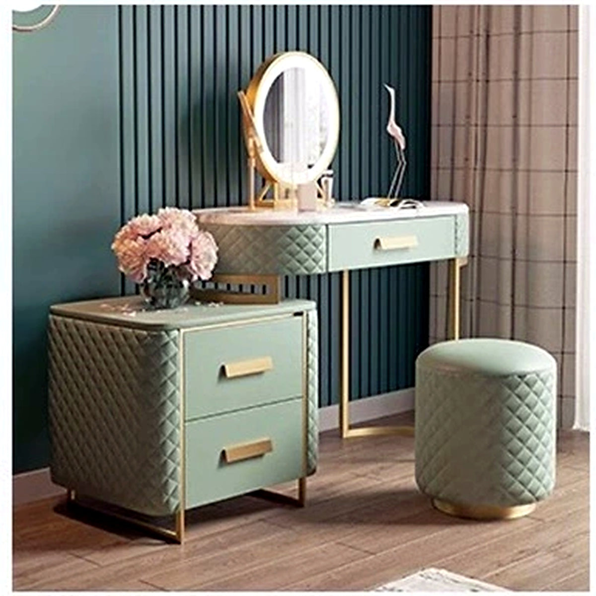 Coiffeuse vert sauge matelassée avec miroir LED et tabouret assorti - meuble à gauche