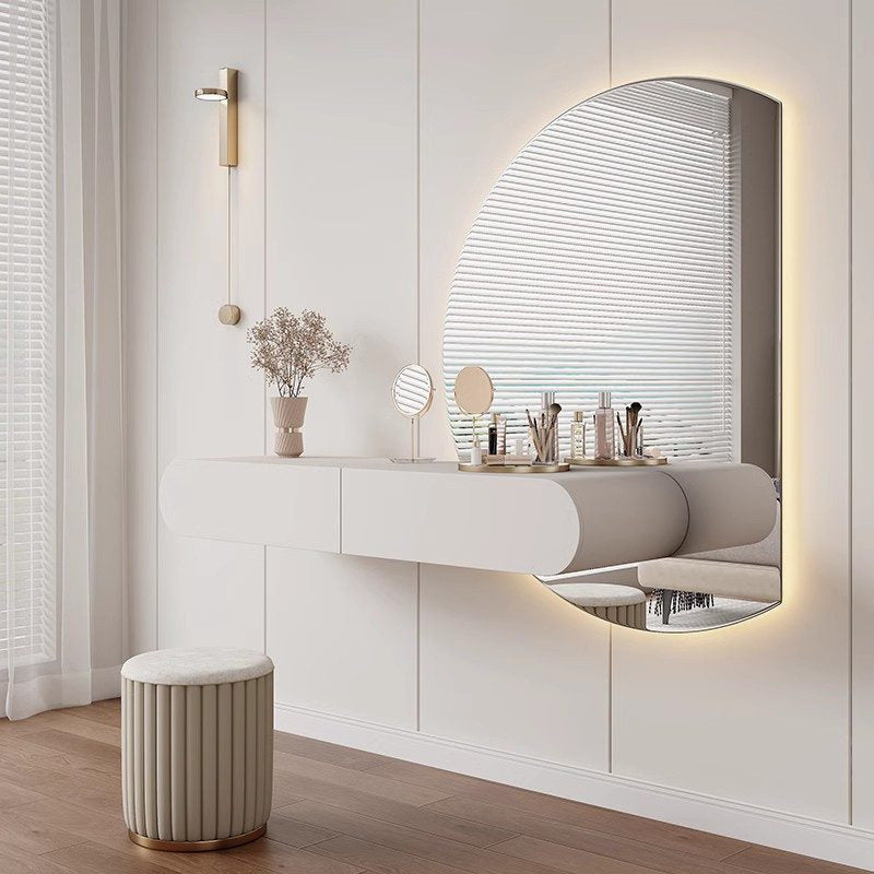 Coiffeuse suspendue crème avec miroir demi-lune LED