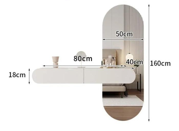 Coiffeuse suspendue - dimensions : 80 × 40 × 18 cm, miroir toute hauteur 160 × 50 cm