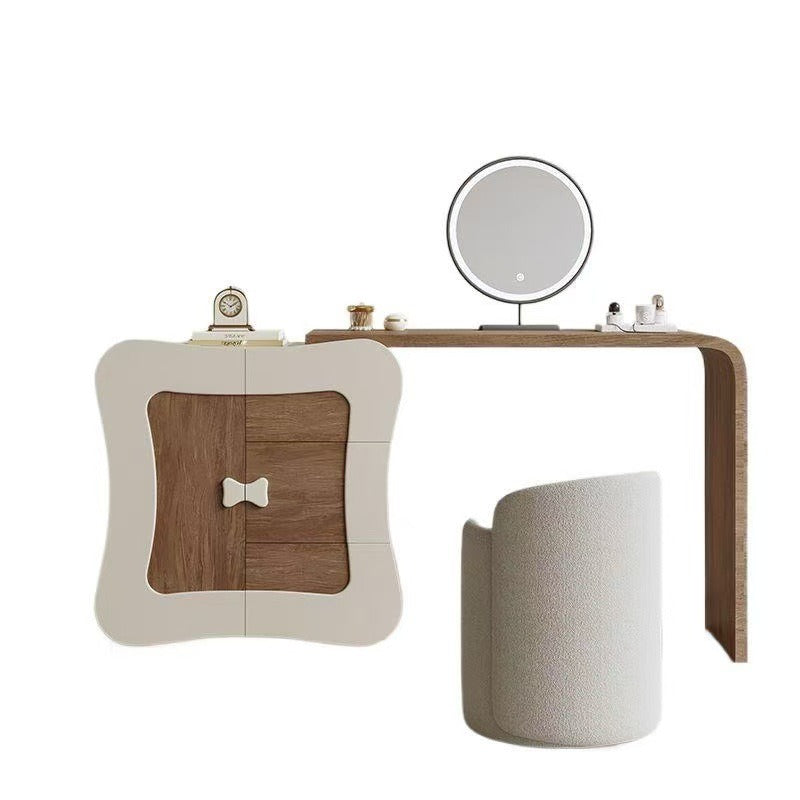 Coiffeuse vintage noyer avec commode, miroir LED et tabouret bouclette, fond blanc