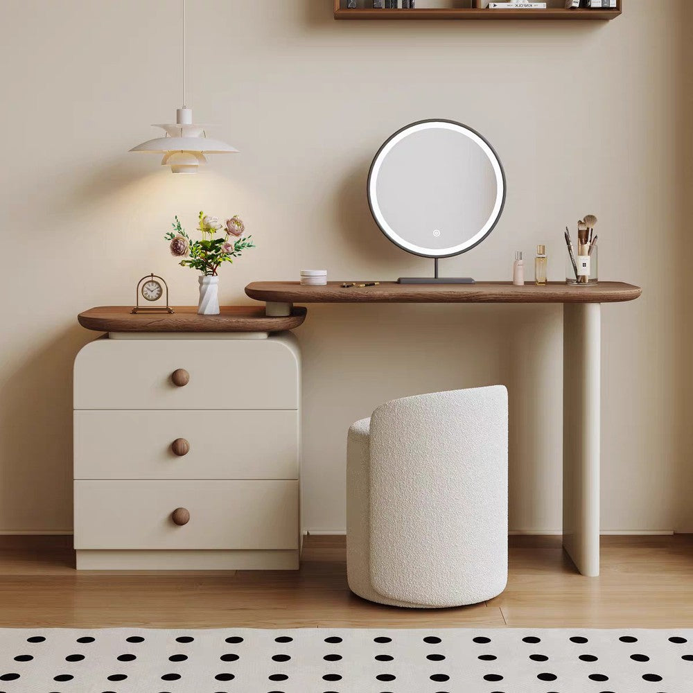 Coiffeuse en bois massif crème et noyer – 100 cm/+ Miroir LED + Tabouret gratuit