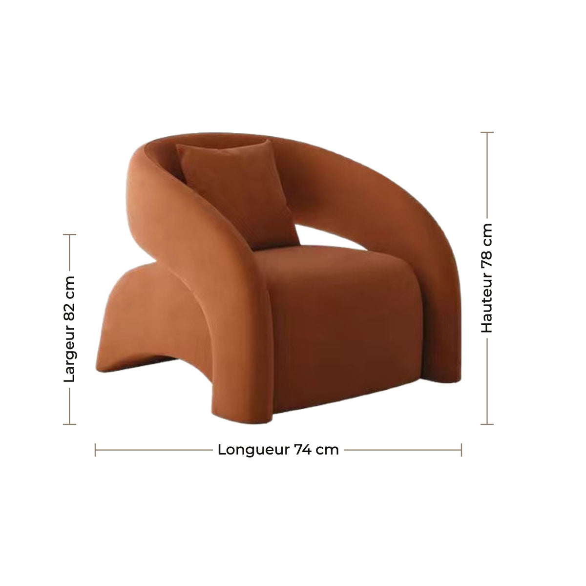 Dimensions du fauteuil arche : hauteur 78 cm, longueur 74 cm, largeur 82 cm