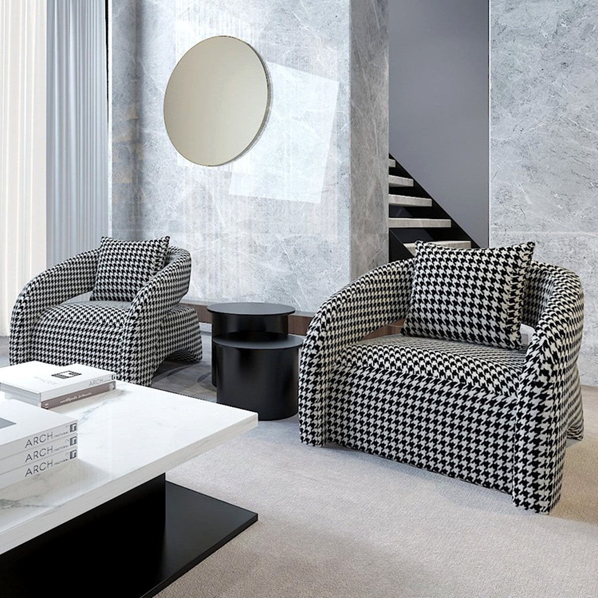 Deux fauteuils arche pied-de-poule dans un salon