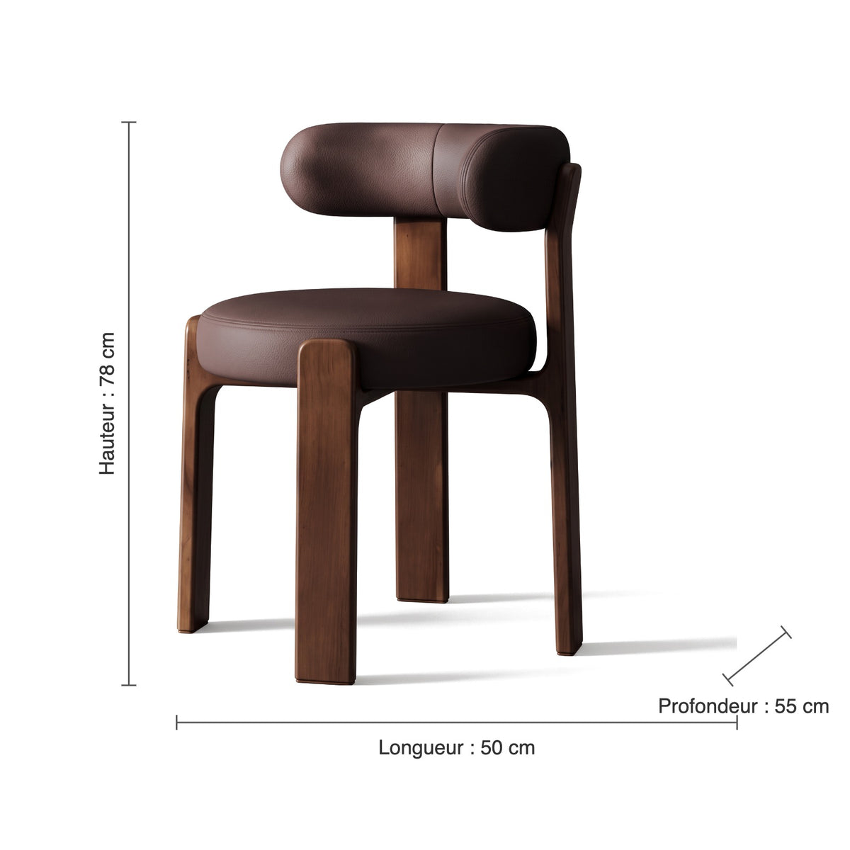 Dimensions du fauteuil cocon en cuir marron : hauteur 78 cm, longueur 50 cm, profondeur 55 cm