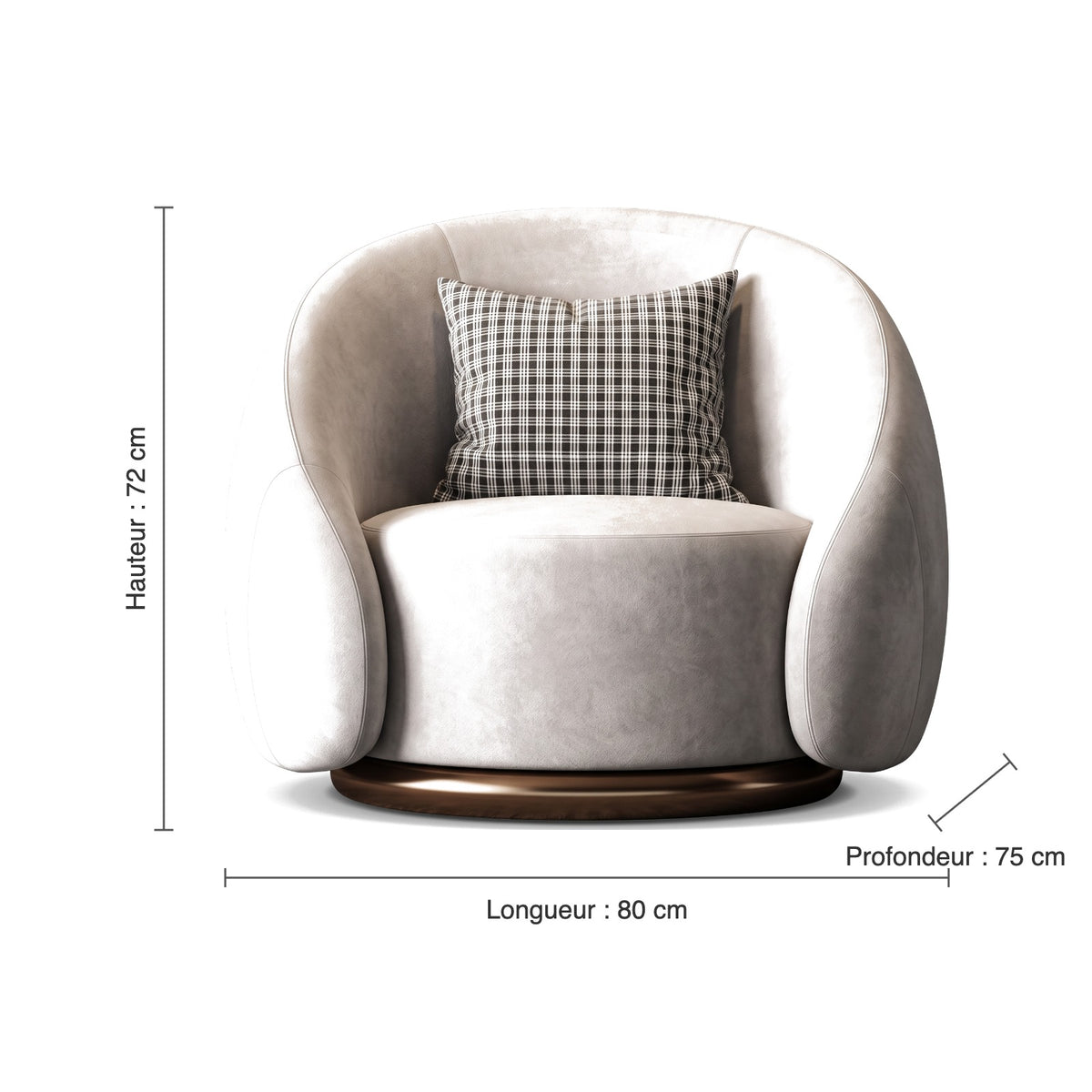 Dimensions du fauteuil pivotant arrondi : hauteur 72 cm, longueur 80 cm, profondeur 75 cm