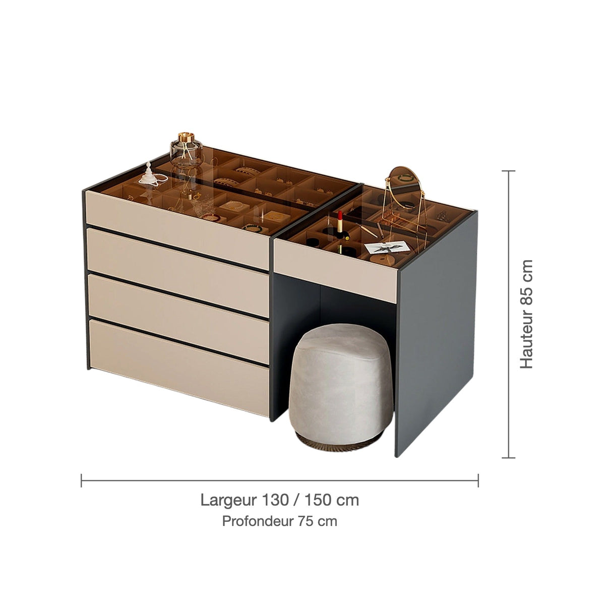 Dimensions de l'îlot de dressing avec coiffeuse intégrée