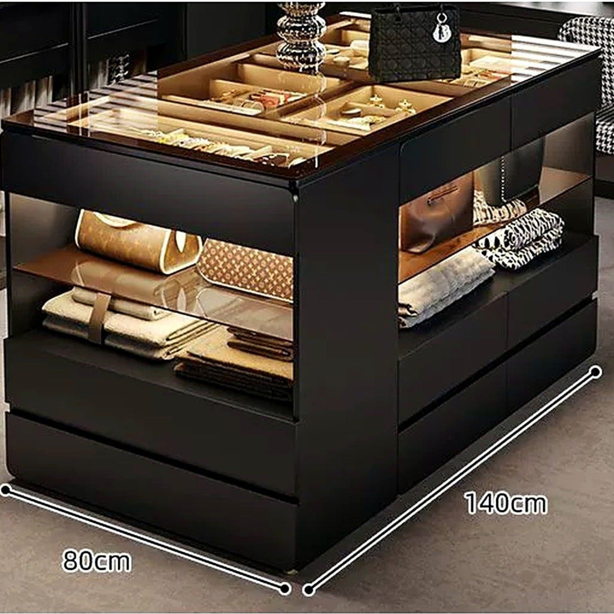 Îlot de dressing AUBRYNE 140cm, noir, dimensions