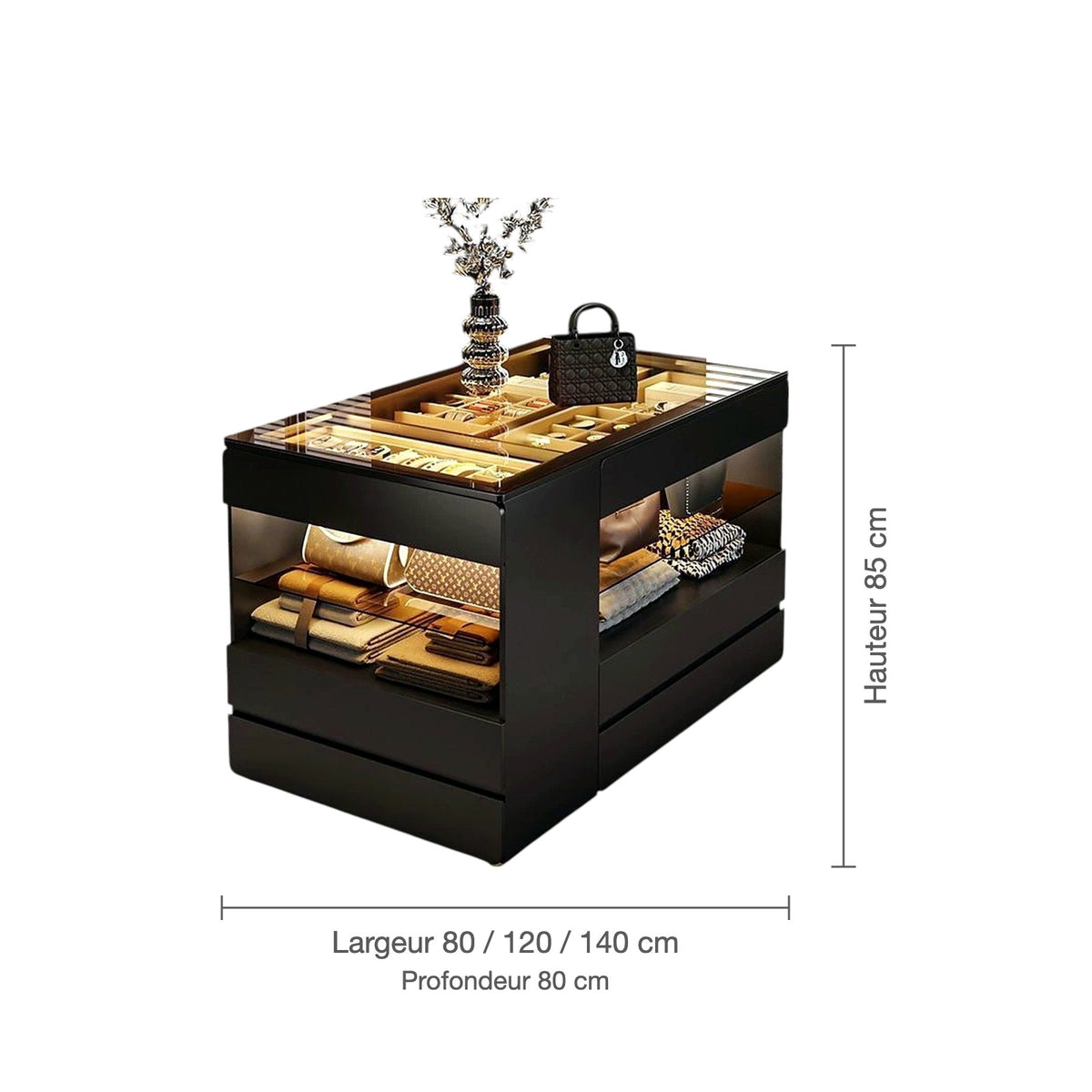 Dimensions de l'îlot central de dressing à plateau vitré LED
