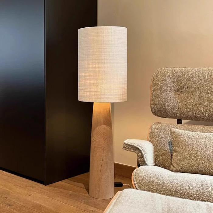 Lampadaire en bois massif tourné avec abat-jour lin