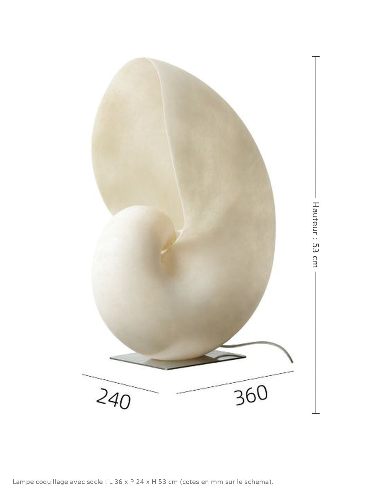 Lampe coquillage avec socle - dimensions : L 36 × P 24 × H 53 cm