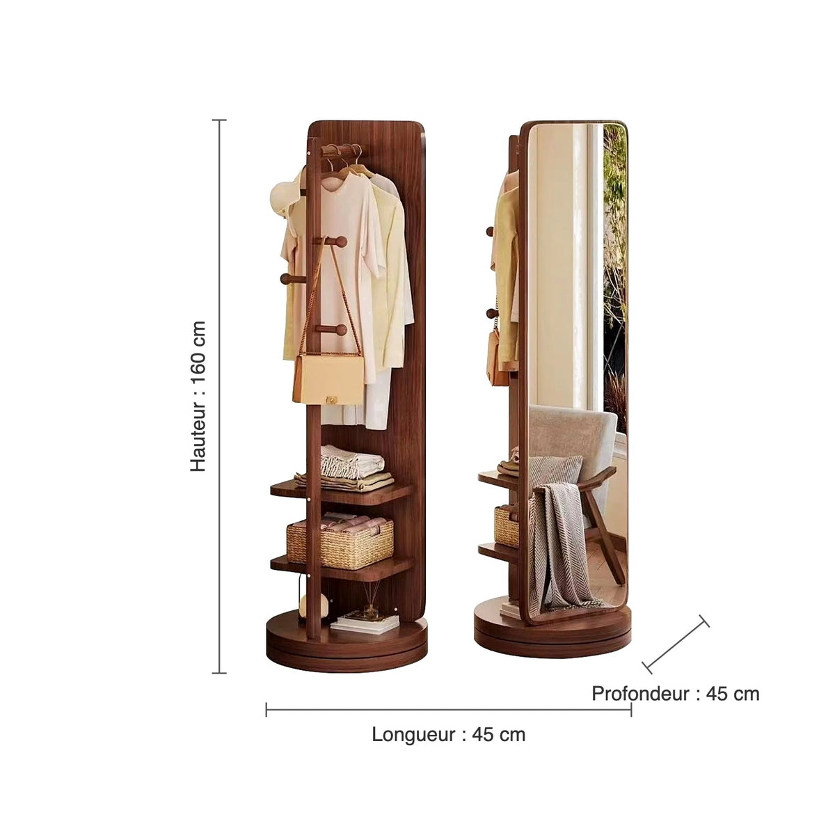 Dimensions du miroir sur pied pivotant : hauteur 160 cm, largeur 45 cm, profondeur 45 cm