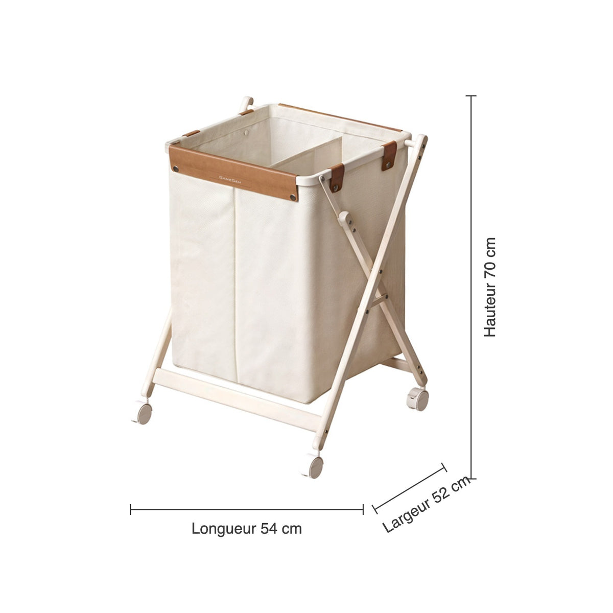 Dimensions du panier à linge : hauteur 70 cm, longueur 54 cm, largeur 52 cm