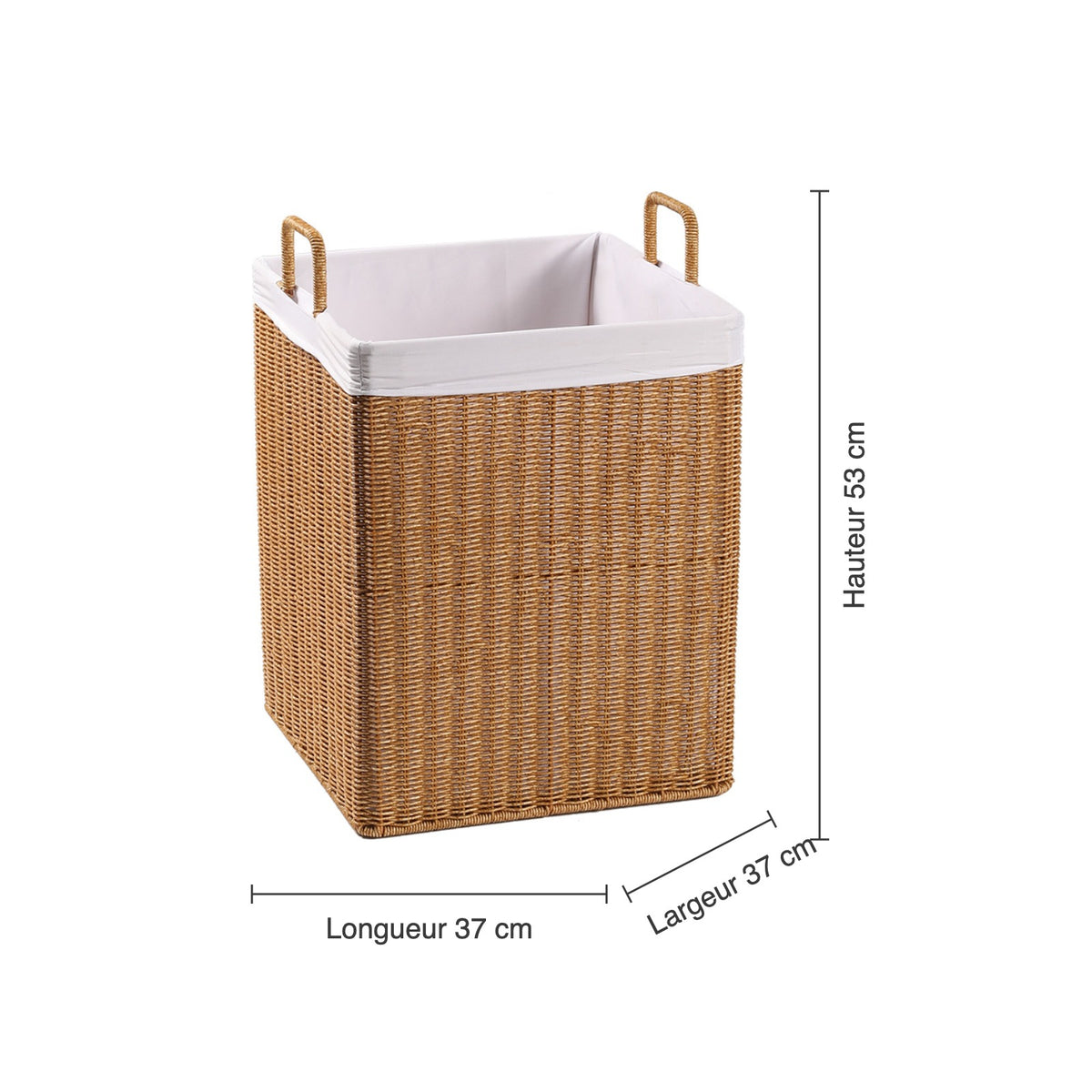 Dimensions du panier à linge : hauteur 53 cm, longueur 37 cm, largeur 37 cm