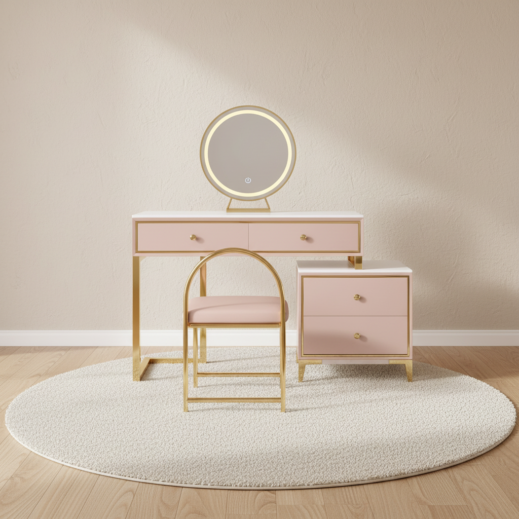 Coiffeuse rose poudré plateau effet marbre, pieds dorés – mise en scène