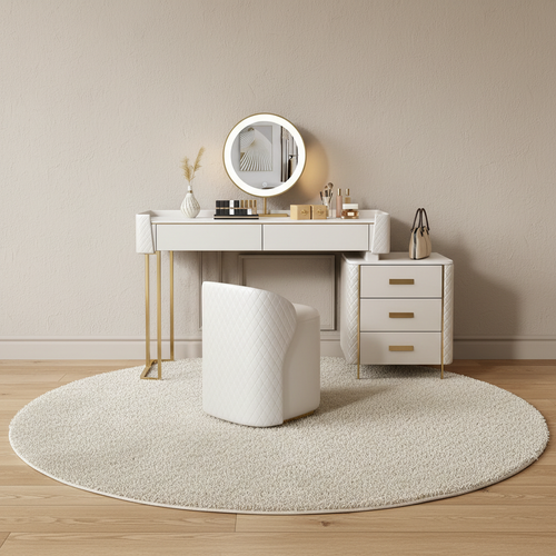 Coiffeuse blanche capitonnée avec commode 3 tiroirs – mise en scène