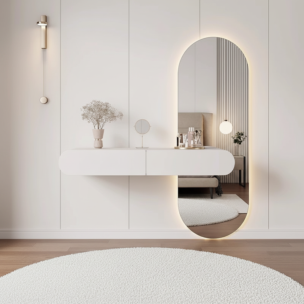 Coiffeuse suspendue crème avec miroir – mise en scène
