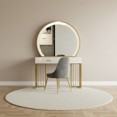 Coiffeuse blanche style Hollywood avec miroir LED rond et chaise – mise en scène